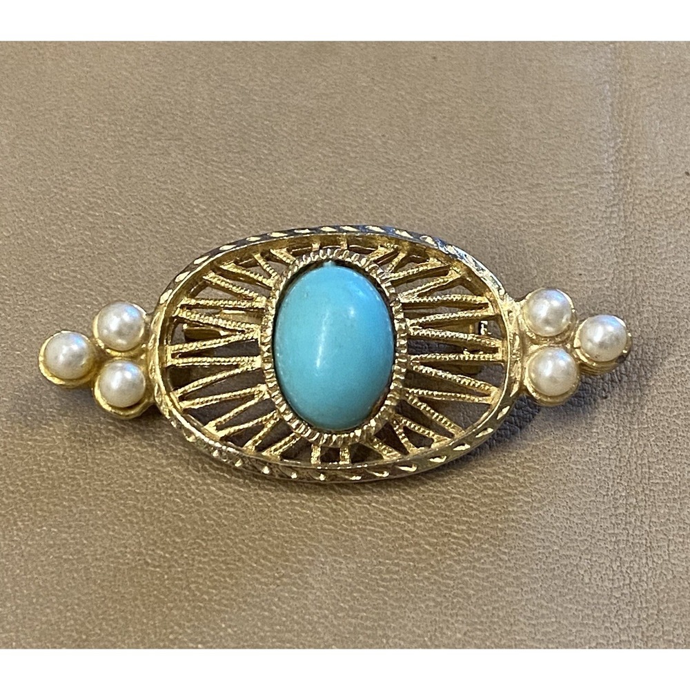 VNTG Jewelry Art Decor Filigree Pin Brooch Faux Pearl /Turquoise Cabochon
